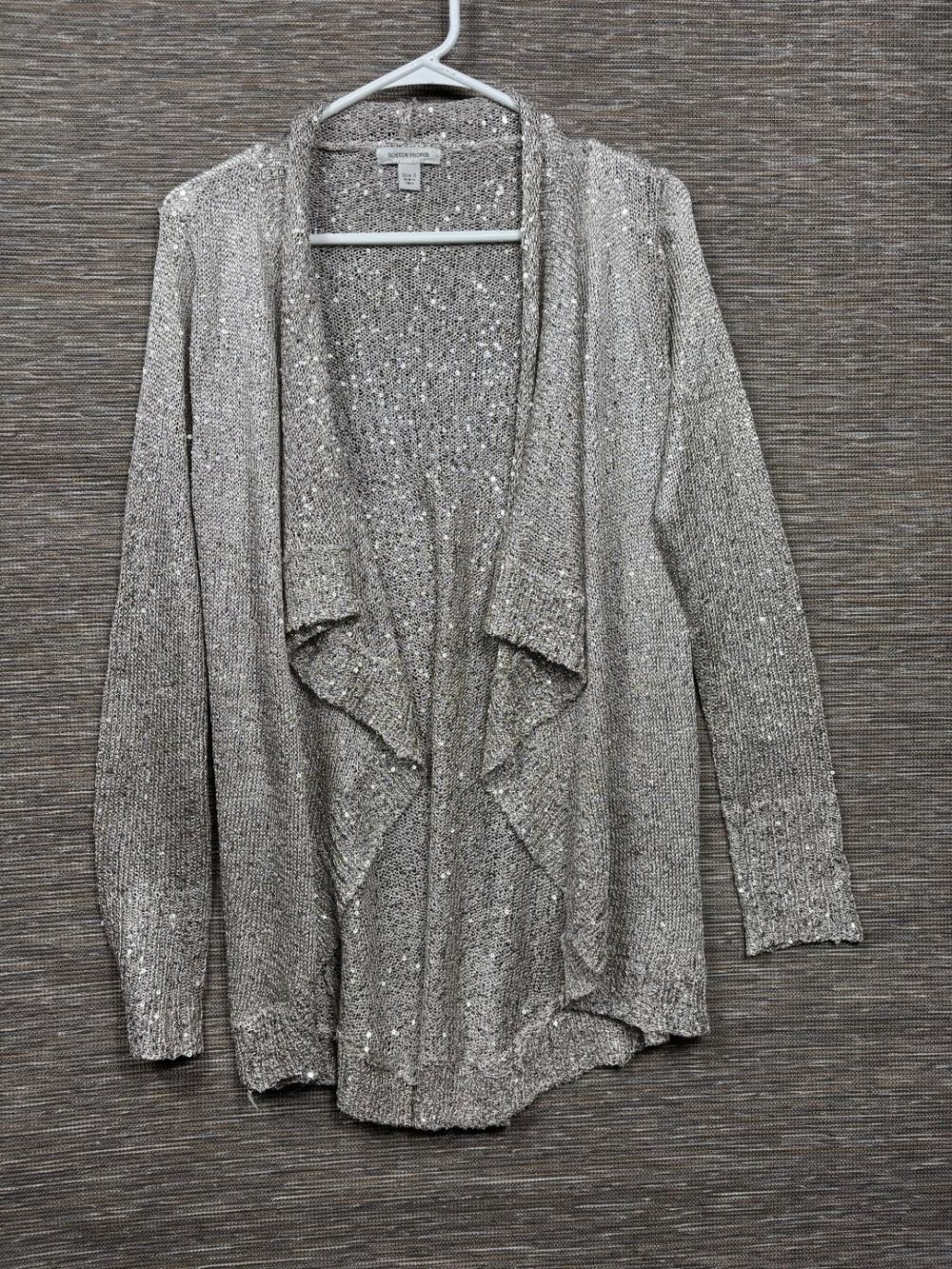 Boston Proper Open Front Cardigan Sweater Womens Sz S Gray Sequined Long Sleeve